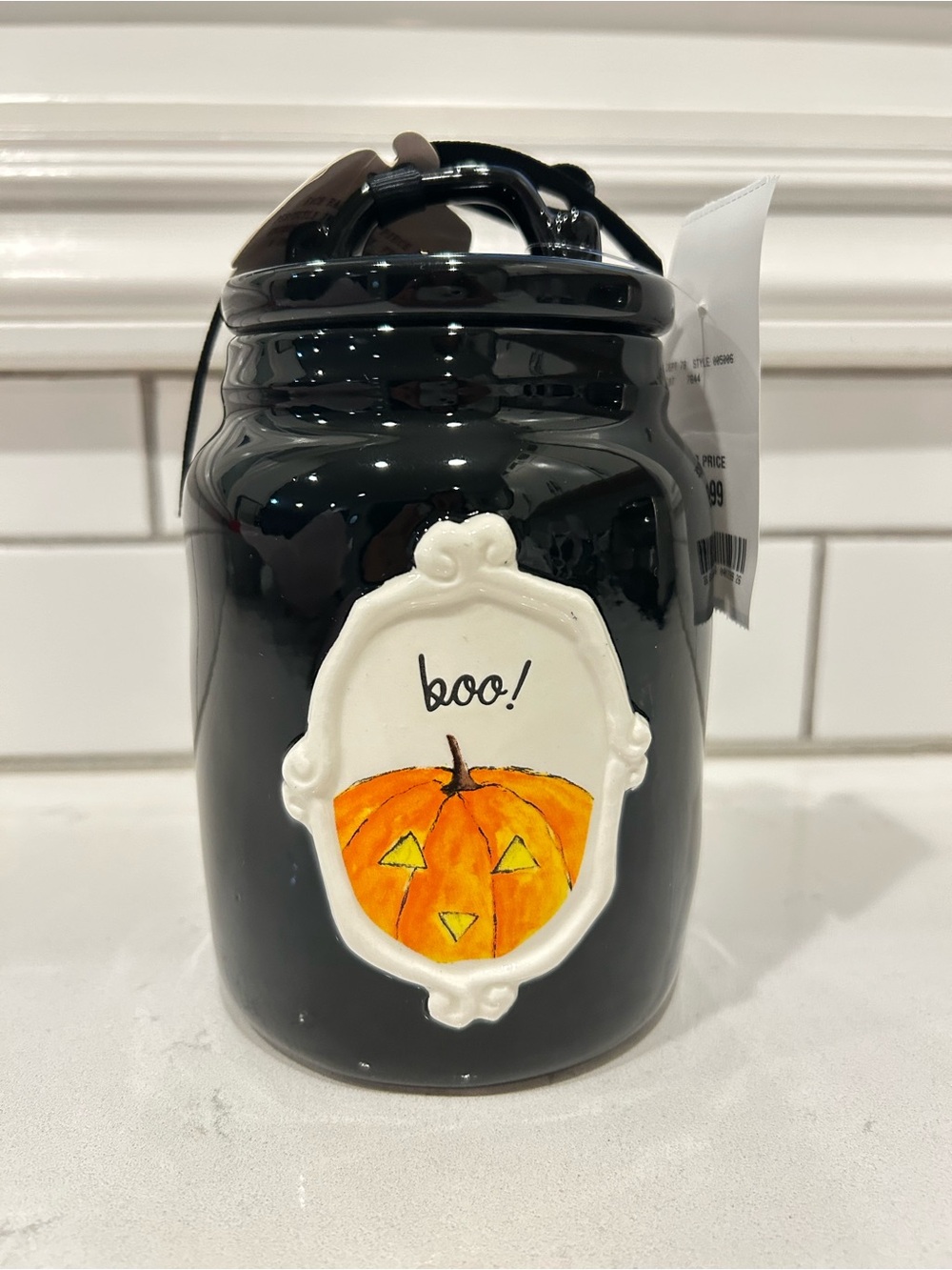 Rae Dunn Magenta Black Ceramic Jar with pumpkin and Boo!